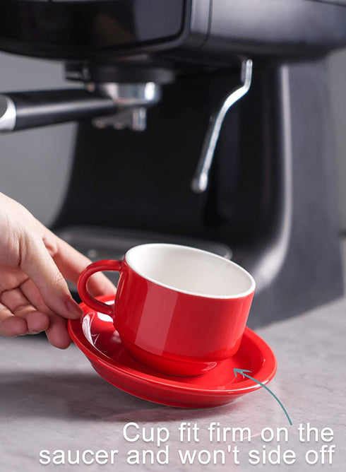 Sweese 405.404 Porcelain Stackable Espresso Cups with Saucers and Metal Stand - 4 Ounce - Set of 4, Red