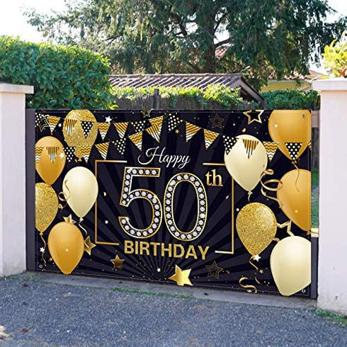Happy 50th Birthday Backdrop Large Fabric Black Gold 50th Anniversary Birthday Sign Banner Photo Booth Photography Background with Rope for Men Women 50th Birthday Party Decorations, 72.8 x 43.3 Inch