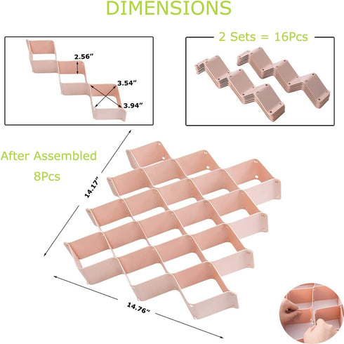 StarratS Honeycomb Drawer Organizer, Plastic Honeycomb Drawer Dividers-Sock-Underwear-Belt-Scarf-2 Sets of 59 Slots(Pink)