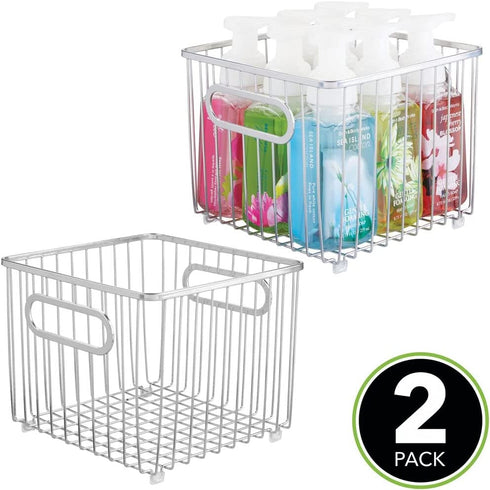 mDesign Metal Bathroom Storage Organizer Basket Bin - Farmhouse Wire Grid Design - for Cabinets, Shelves, Closets, Vanity Countertops, Bedrooms, Under Sinks - Square, 2 Pack - Chrome