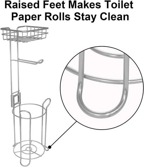 Toilet Paper Holder Stand with Storage Bathroom Free standing Toilet Tissue Holder with Dispenser Shelf for Mobile Phone, Hold 3 Rolls Reserve Toilet Roll Holder Metal Large Bathroom Storage Silver