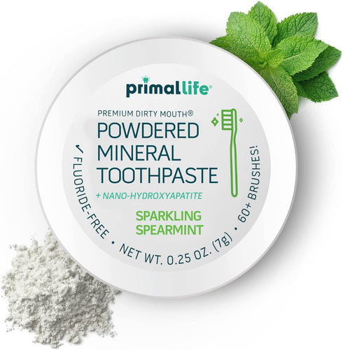 Primal Life Organics - Dirty Mouth Toothpowder, Tooth Cleaning Powder, Flavored Essential Oils With Hydroxyapatite, Natural Kaolin & Bentonite Clay, Good for 60+ Brushings, Paleo, Organic, Vegan (Spearmint, 0.25 oz)