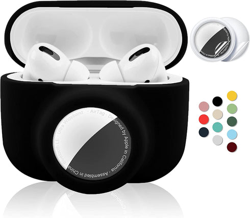 2 in 1 Protective Case for Apple AirPods Pro Air Tag Holder Combo, Soft Silicone Airpods Pro AirTag Case with 2 PCS Screen Protector, Anti-Scratch Anti-Fall Anti-Lost Shockproof Durable(Black)