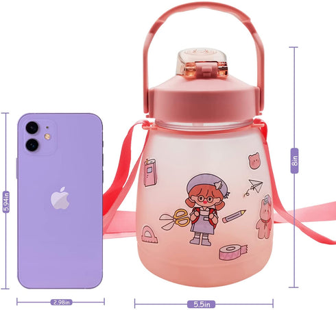 AGUDOU Cute Water Bottles with Straw, Sports water bottle with times to drink, Portable Large-Capacity Straw Cup/Pot Belly Cup Student Children Water cups with Random Stickers
