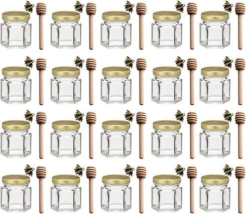 Adabocute 1.5 oz Hexagon Mini Glass Honey Jars with Wooden Dipper, Gold Lids, Gold Bee Pendants, Jutes, 20 Pack- Perfect for Baby Showers, Wedding Favors, Party Favors