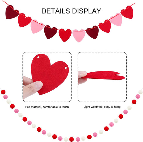 Fovths 6 Pack Valentines Day Garland Set 60 Balls Felt Garland and 40 Pieces Felt Heart Garland Banner Red Pink White Pom Pom Garland for Valentine Day Decorations, No DIY