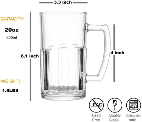COKTIK 4 Pack Heavy Large Beer Glasses with Handle - 20 Ounce Glass Steins, Classic Beer Mug glasses Set