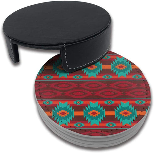 Southwest Southwestern Navajo Abstract Aztec Leather Coasters Cup Mats For Drinks With Holder,Set Of 6