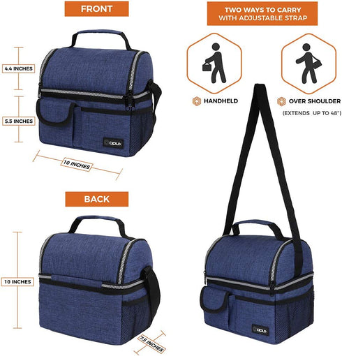 OPUX Insulated Dual Compartment Lunch Bag for Men, Women | Double Deck Reusable Lunch Pail Cooler Bag with Shoulder Strap, Soft Leakproof Liner | Large Lunch Box Tote for Work, School (Navy)