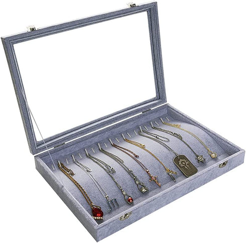Glass lid 20 Hooks Necklace Organizer Box,Necklace Tray with Lid,Necklace Jewelry Box,Chains Showcase Storage Boxes for Show Stackable (Ice Velvet)