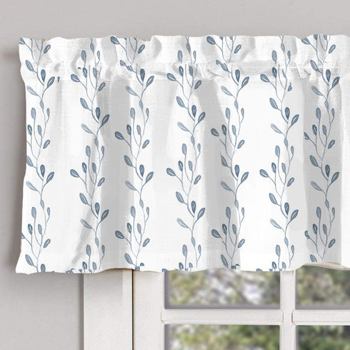 INICEKEY Blue Leaves Printed Valance Curtains Thermal Insulated Grey Kitchen Window Valances Living Room Leaf Print Triple Weave Bedroom,Rod Pocket 52"x17"+2" Header