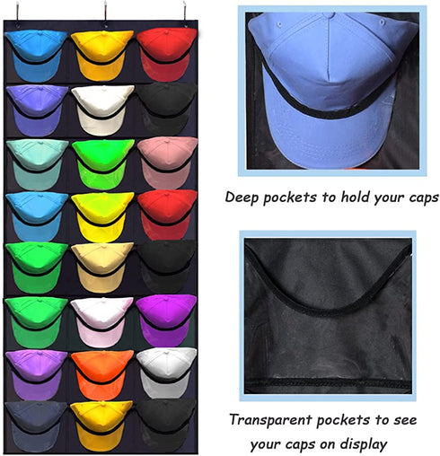 KHIKILY Baseball Hat Rack 24 Pocket Over-The-Door Cap Organizer with Clear Deep Pockets