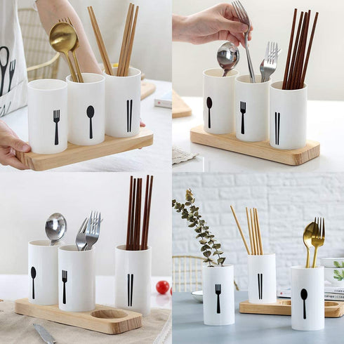 MyLifeUNIT Kitchen Utensil Caddy, Flatware Organizer with Wood Base