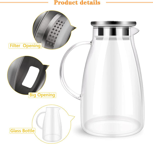 Glass Pitcher, Tea Pitcher,68oz Water Pitcher with Lid ,Drip-Free Water Pitcher with Lid, Easy Clean Heat Resistant Borosilicate Glass Jug for Juice, Milk, Cold or Hot Beverages