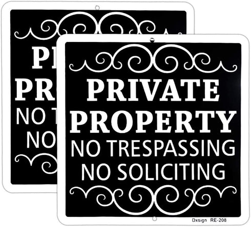 Metal Private Property No Trespassing Sign No Soliciting Sign for House 9"x9" Rust Free Aluminum UV Ink Printed,Durable/Weatherproof (2 Pack)