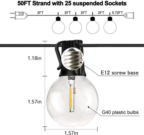 Banord 50FT G40 Globe String Lights, 2700K Waterproof Outdoor Lights with 26 Dimmable Plastic Bulbs, Shatterproof Patio Lights String, Porch Lights, Cafe Lights, Backyard Lights, E12 Screw Base
