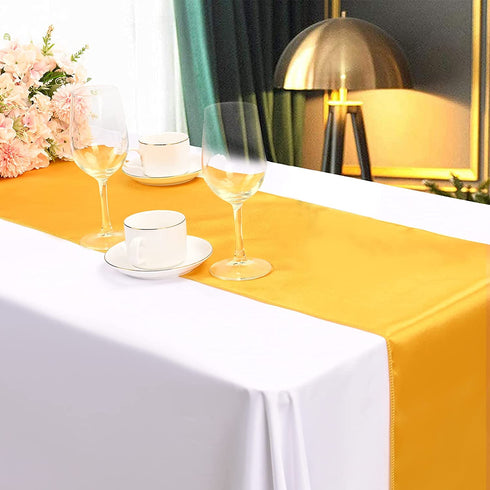 10 Pack Satin Table Runner for Wedding 12 x 108 Inch Gold Silky Wedding Table Runner for Rectangle Round Tables with 60 Pack Balloons for Thanksgiving Day Birthday Party Banquet Engagements Decoration