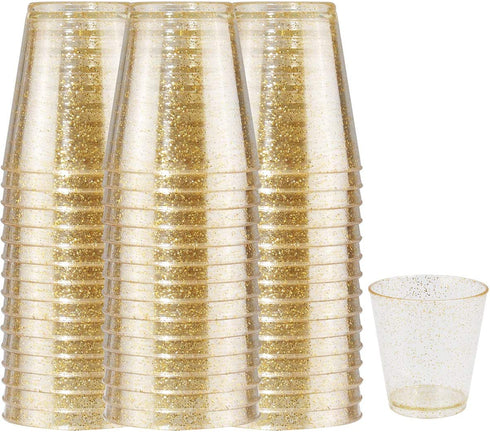 WELLIFE 200 PACK Plastic Gold Glitter Shot Cups, 2OZ Disposable Shot Glasses,Small Hard Plastic Tumblers,Gold Tasting Sampling Cups,Premium Mini Container Perfect for Whiskey, Perfect for Christmas