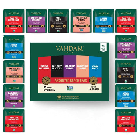 Vahdam, Black Tea Sampler, 5 Flavors, 20 Assorted Black Tea Bags | Tea Variety Pack | Tea Gift Sets - English Breakfast, Darjeeling, Assam, Earl Grey Tea Bags | Happy New Year Gifts for Women/Men