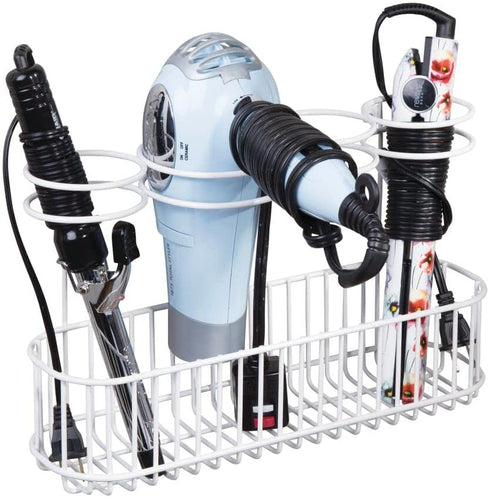 mDesign Metal Wire Cabinet/Wall Mount Hair Care & Styling Tool Organizer - Bathroom Storage Basket for Hair Dryer, Flat Iron, Curling Wand, Hair Straightener, Brushes - Holds Hot Tools - White