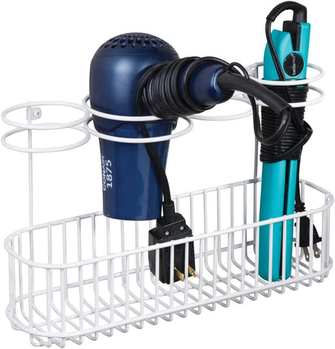 mDesign Metal Wire Cabinet/Wall Mount Hair Care & Styling Tool Organizer - Bathroom Storage Basket for Hair Dryer, Flat Iron, Curling Wand, Hair Straightener, Brushes - Holds Hot Tools - White