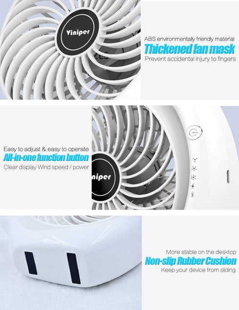 viniper Battery Operated Fan, Small Desk Fan : 3 Speeds & 8-24 Hours Longer Working, 180° Rotation, Optimised Portable USB Rechargeable Fan , Small but Mighty, Strong Wind (6.2 inch, White)