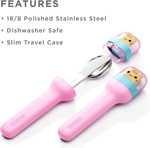 Zoku Kids Pocket Utensil Set, Kitty | Stainless Steel Fork, Knife, and Spoon in Case | Portable Design for Travel, School, Picnics, Camping and Outdoor Home Use
