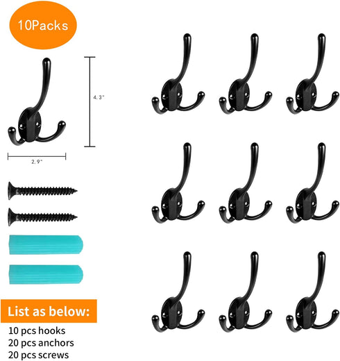 10 Pack Black Wall Coat Hooks Backpack Hook Hardware Heavy Duty Mounted Single Hook Decorative for Hanging Coats Towel Hat Bag Bathroom Mudroom