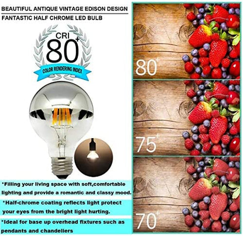 LUXON Half Chrome Light Dimmable,LED Filament Vintage Bulb with Mirror 6W (60W Equivalent) G80/G25 E26 Medium Base Warm White 2700K, 2 Pack