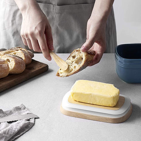 DOWAN Porcelain Butter Dish, Extra Large Butter Dish with Cover, Airtight Butter Dish with Wooden Lid, Farmhouse Butter Container for East West Coast Butter, Freezer Safe, Airy Blue