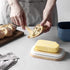 DOWAN Porcelain Butter Dish, Extra Large Butter Dish with Cover, Airtight Butter Dish with Wooden Lid, Farmhouse Butter Container for East West Coast Butter, Freezer Safe, Airy Blue