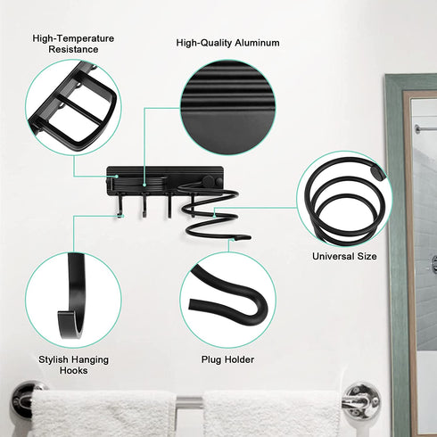 Hair Dryer Holder, AXUAN Blow Dryer Holder Wall Mounted with 4 Hooks, Save Space & Easy to Install, Bedroom & Bathroom Hair Tool Organizer for Hair Dryer, Flat Irons, Hair Straighteners (Black)