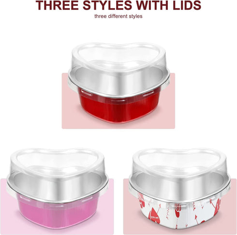 Heart Shaped Cake Pans with Lids, 3.4 Ounces/ 100 ml, Aluminum Foil Mini Disposable Heart Cupcake Pans for Valentine's Day Wedding Parties (Red, Pink, Purple,30 Sets)