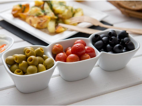 18 Ounce Triple Bowl Serving Dish, 1 Square Porcelain Condiment Tray - Serve Snacks, Dips, or Condiments, For Parties, Buffets, Or Catering, White Porcelain 3 Section Serving Dish - Restaurantware