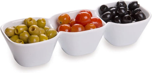 18 Ounce Triple Bowl Serving Dish, 1 Square Porcelain Condiment Tray - Serve Snacks, Dips, or Condiments, For Parties, Buffets, Or Catering, White Porcelain 3 Section Serving Dish - Restaurantware