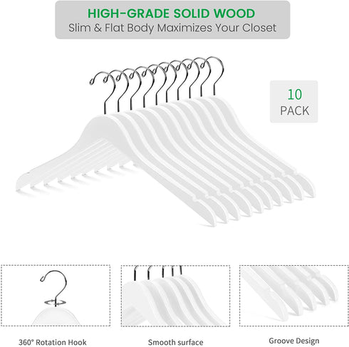 Nature Smile Solid Gugertree Wood Shirt and Dress Hangers with Notches with Antirust Chrome Hook Pack of 10 (White)