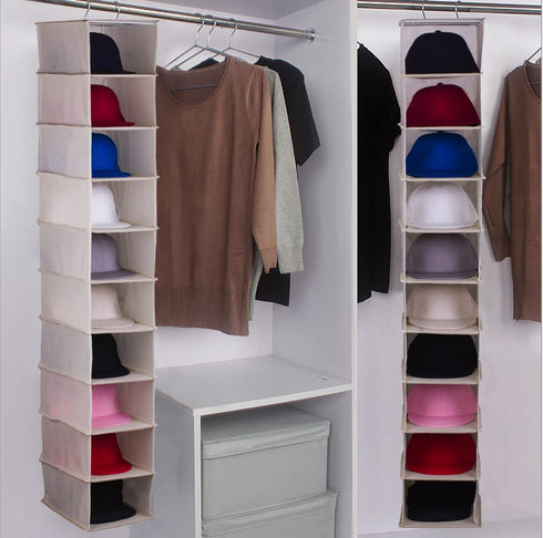 GRANDAN Version 2.0 Hanging Hat Rack for Closet, 10 Shelf Hanging Closet Hats Organizer Storage for Baseball Caps, Hanging Baseball Hat Holder, Caps Hanger for Closet with Stainless Metal Hook (Beige)
