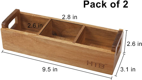 Small Wooden Tea Bag Box 2PCS by HTB, 3 Compartments Acacia Wood Tea Bag Chest with Handle, Mini Countertop Divided Storage Container for Beverage Supplies, Sugar, Sweeteners, Individual Packets