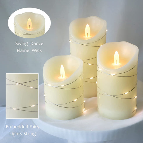 Kelon Flameless LED Pillar Candles, String Lights Embedded Flickering Candles with Remote&Timer, Real Wax Electronic Candle for Valentine's Day, Bedroom, Table Centerpiece Ornaments