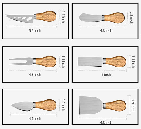 Jademaz charcuterie accessories, 6-Piece Cheese Knives Set, Stainless Steel Cheese Knife with Acacia Wood Handle