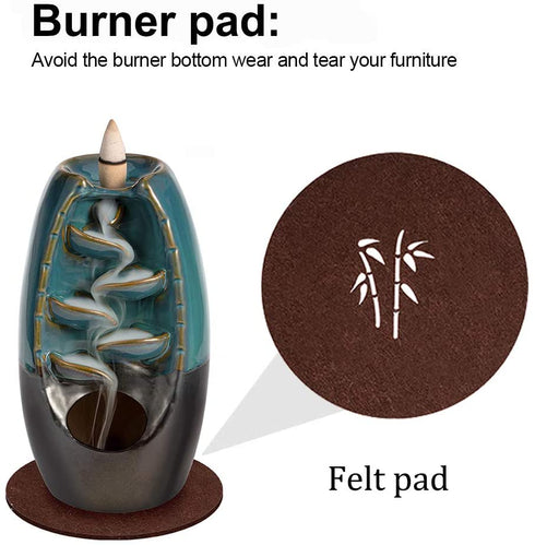 DK177 Waterfall Incense Holder Backflow Inscent Cone Burner Handcraft Ceramic Water Fall Smoke Fountain with 120 Cones 30 Sticks 1 Mat 2 Lotus Leaf 1 Cloth