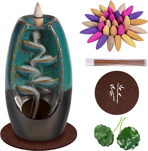 DK177 Waterfall Incense Holder Backflow Inscent Cone Burner Handcraft Ceramic Water Fall Smoke Fountain with 120 Cones 30 Sticks 1 Mat 2 Lotus Leaf 1 Cloth