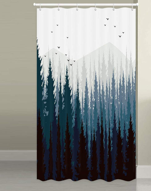 JAWO Stall Shower Curtain Fabric 36 X 72 Inch, Rustic Mountain Forest Scenery Small Shower Stall Curtain Bathroom Set with Hooks