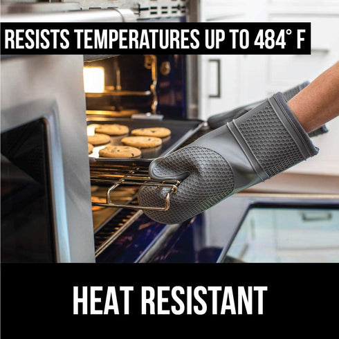 Gorilla Grip Heat Resistant Silicone Oven Mitts Set, Soft Quilted Lining, Extra Long, Waterproof Flexible Gloves for Cooking and BBQ, Kitchen Mitt Potholders, Easy Clean, Set of 2, Almond