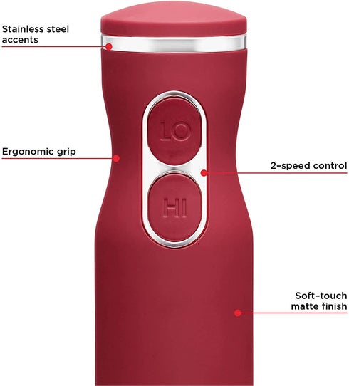 Chefman Immersion Stick Hand Blender with Stainless Steel Blades, Powerful Electric Ice Crushing 2-Speed Control Handheld Food Mixer, Purees, Smoothies, Shakes, Sauces & Soups, Red