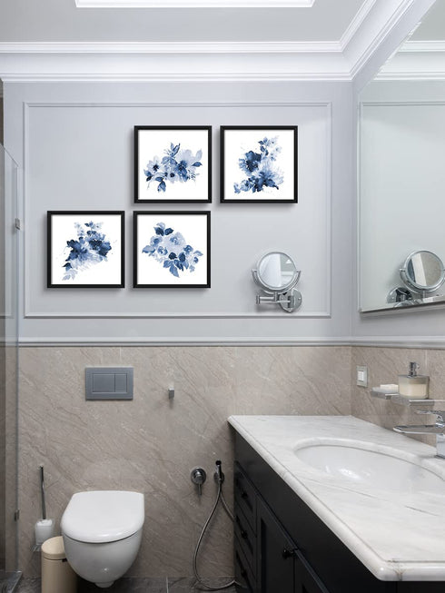 ArtbyHannah 10x10 Framed Blue Floral Wall Art Set of 4 with Black Frames and Flower Print for Gallery Walls or Bathroom Bedroom Decoration