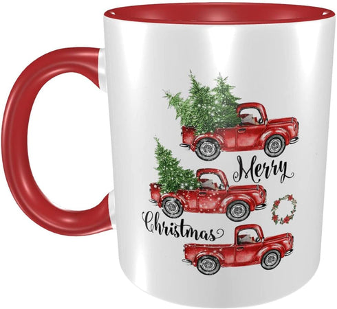 Red Christmas Coffee Truck Mug Cup for Home Office 11 Oz, Cute Funny Funky Flat Bottom Ceramic Mug Holiday Gifts for Women Men