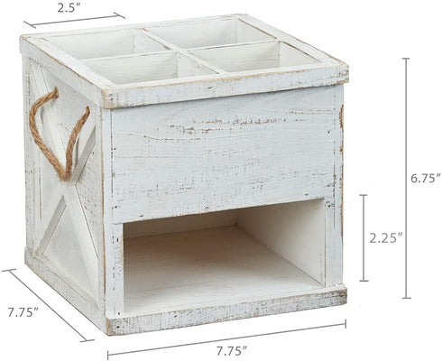 Barnyard Designs Rustic Wood Utensil Caddy with Napkin Holder - 4 Compartment Flatware, Silverware or Utensil Crock and Napkin Slot, Farmhouse Kitchen Decor, White, 7.75" x 7.75 x 6.75" (White/White)