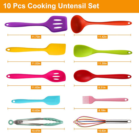 Silicone Utensils For Cooking?DiWoJin Seamless 10 Pcs series Multi colored Kitchen Untensils Set heat Resistant BPA Free, Silicon Spatula Kitchen Utensils