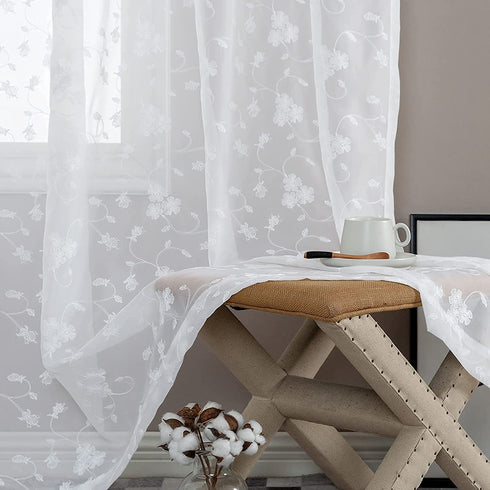 Lazzzy Sheer Curtains for Living Room Floral Embroidery 84 inch Long Rustic White Voile Window Curtain Drpaes for Bedroom Rod Pocket 2 Panels